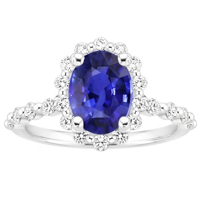 Halo Natural Earth Mined Diamond Ring Flower Style Sri Lankan Sapphire 4 Carats