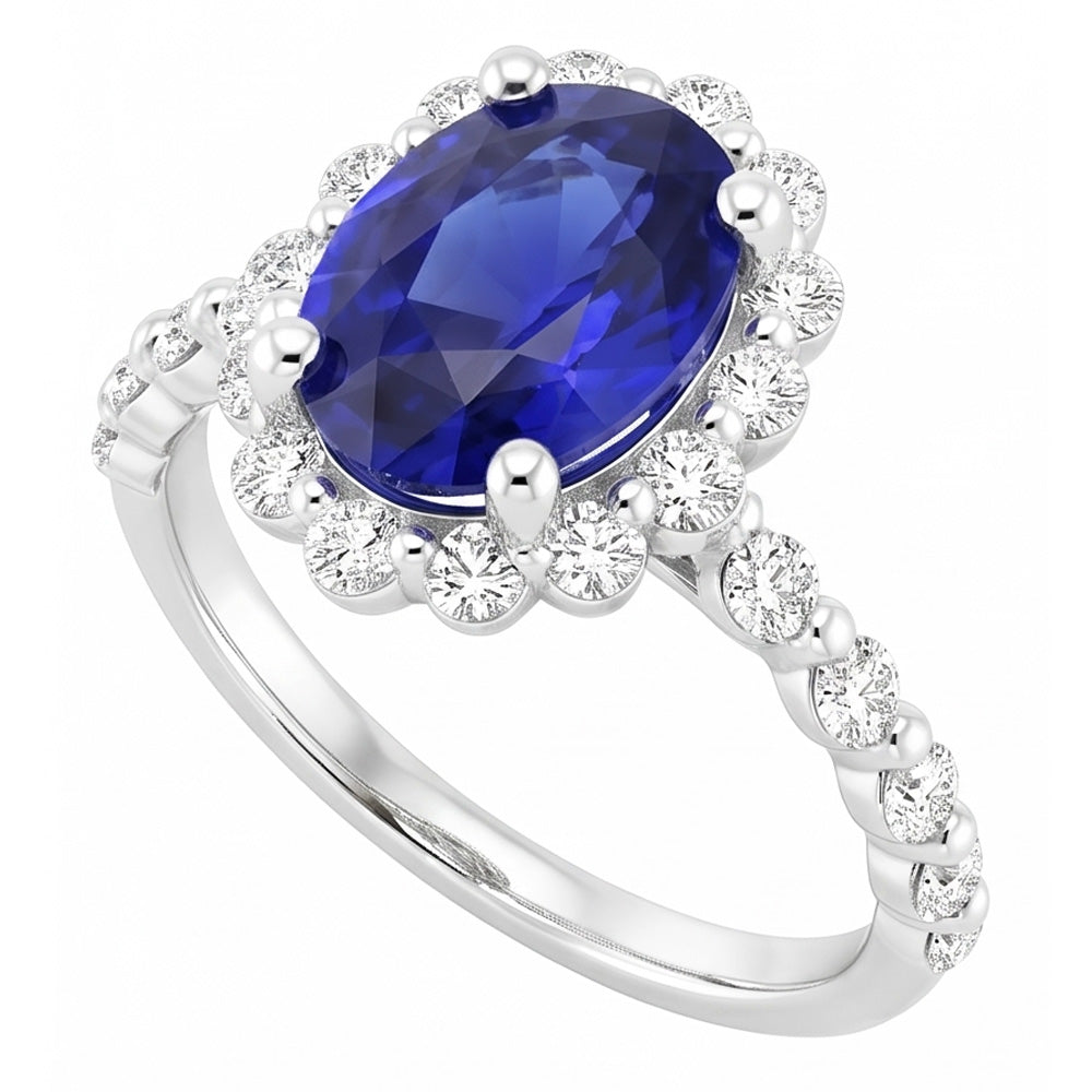 Halo Natural Earth Mined Diamond Ring Flower Style Sri Lankan Sapphire 4 Carats