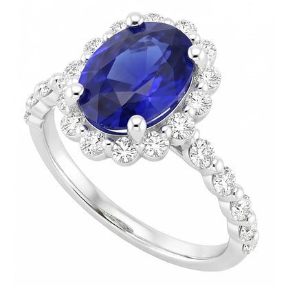 Halo Natural Earth Mined Diamond Ring Flower Style Sri Lankan Sapphire 4 Carats