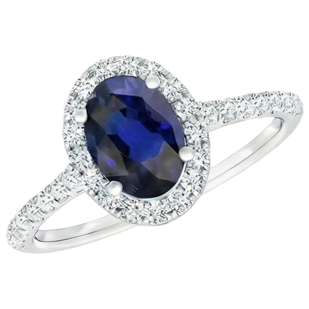 Halo Natural Earth Mined Diamond Ring Gold Oval Sri Lankan Sapphire With Accents 6 Carats