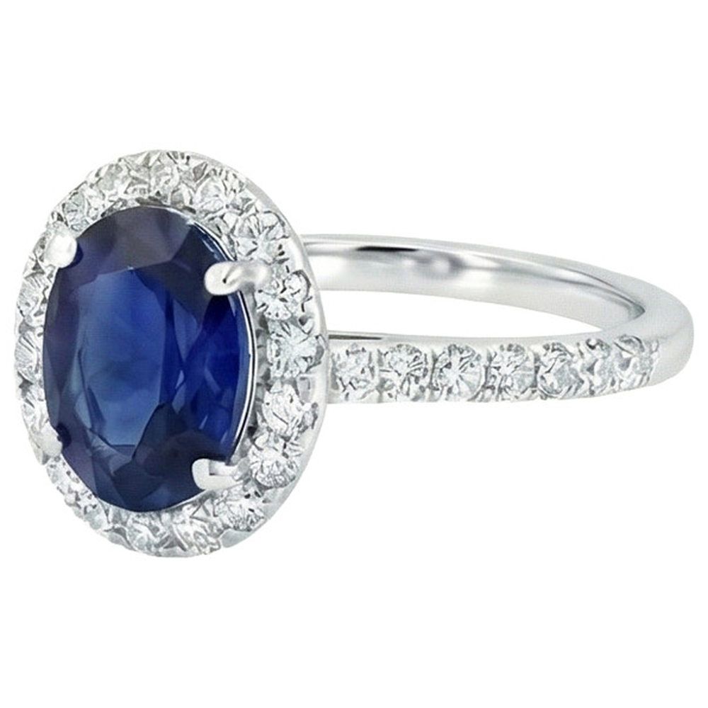 Halo Natural Earth Mined Diamond Ring Gold Oval Sri Lankan Sapphire With Accents 6 Carats