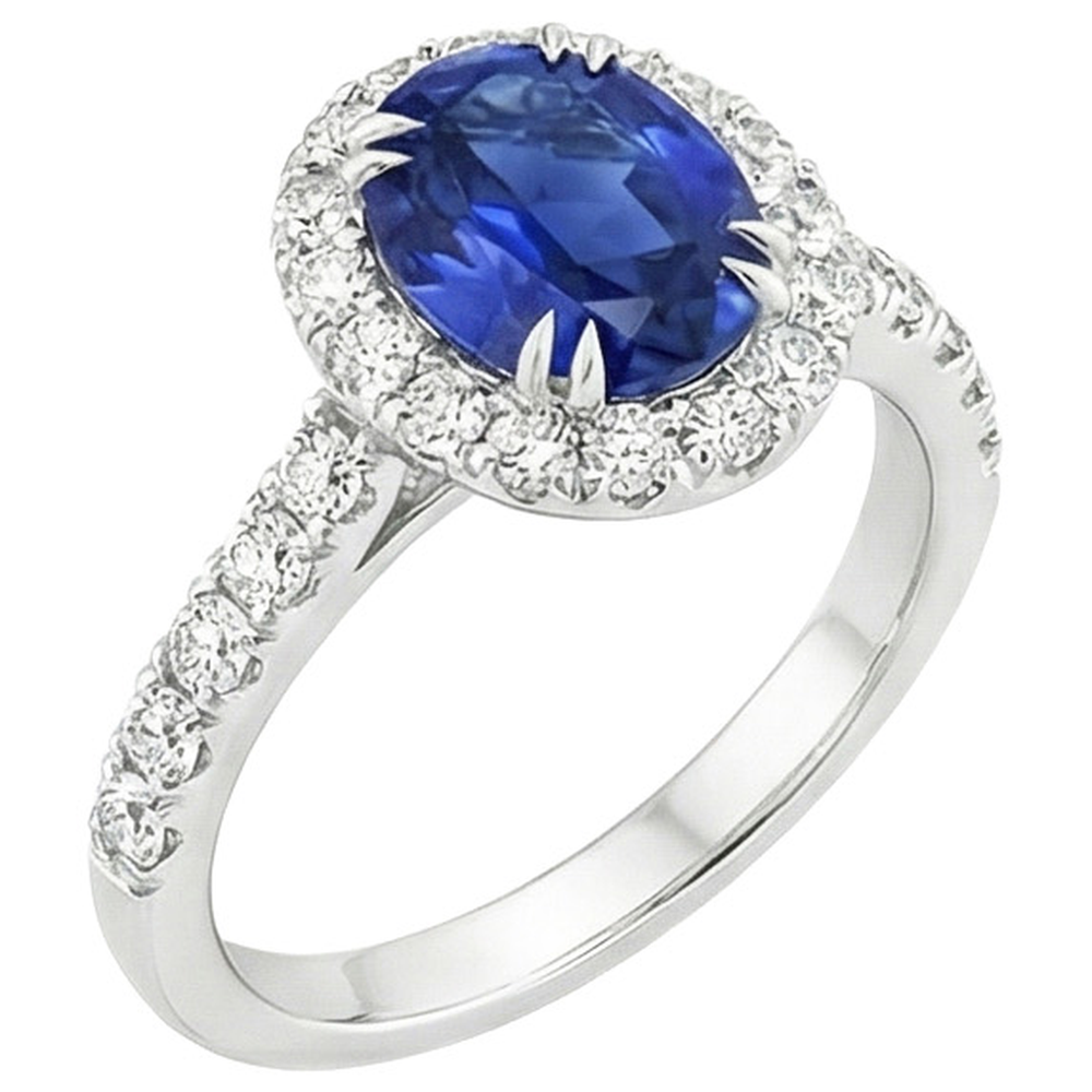 Halo Natural Earth Mined Diamond Ring Oval Deep Blue Sapphire Claw Prong Set 6.50 Carats