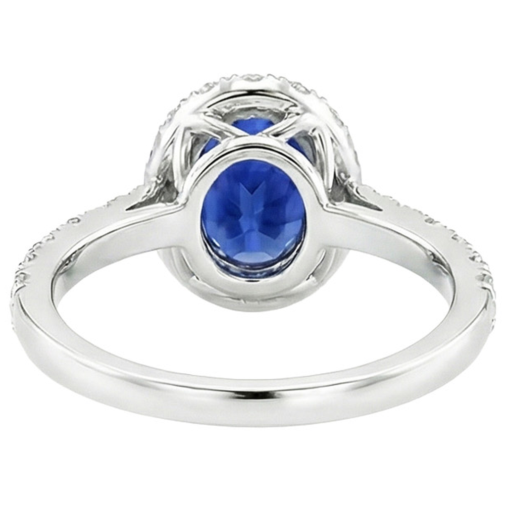 Halo Natural Earth Mined Diamond Ring Oval Deep Blue Sapphire Claw Prong Set 6.50 Carats