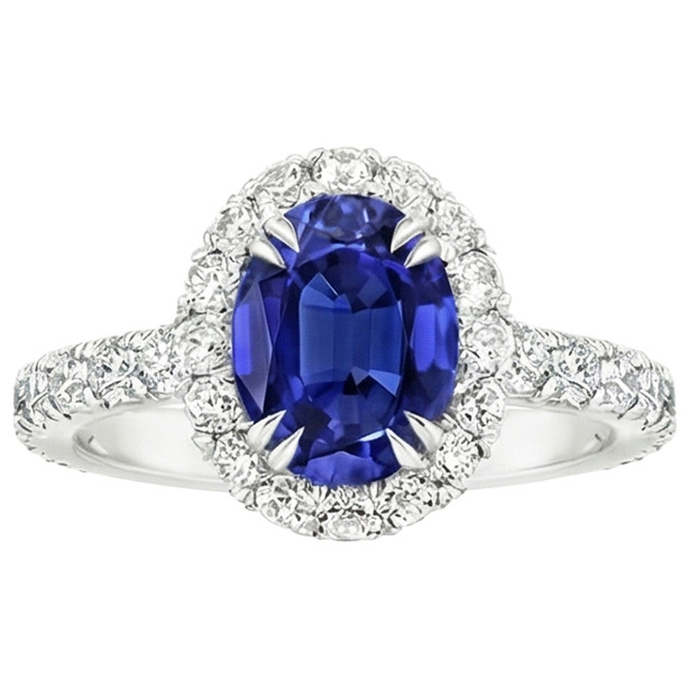 Halo Natural Earth Mined Diamond Ring Oval Deep Blue Sapphire Claw Prong Set 6.50 Carats