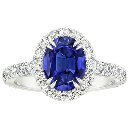 Halo Natural Earth Mined Diamond Ring Oval Deep Blue Sapphire Claw Prong Set 6.50 Carats