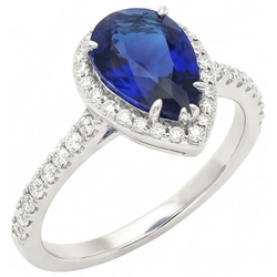 Halo Natural Earth Mined Diamond Ring Pear Cut Sri Lankan Sapphire 3.25 Carats