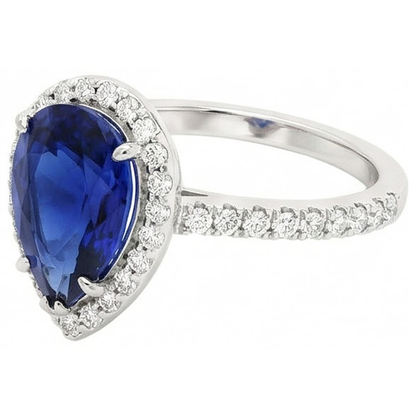 Halo Natural Earth Mined Diamond Ring Pear Cut Sri Lankan Sapphire 3.25 Carats