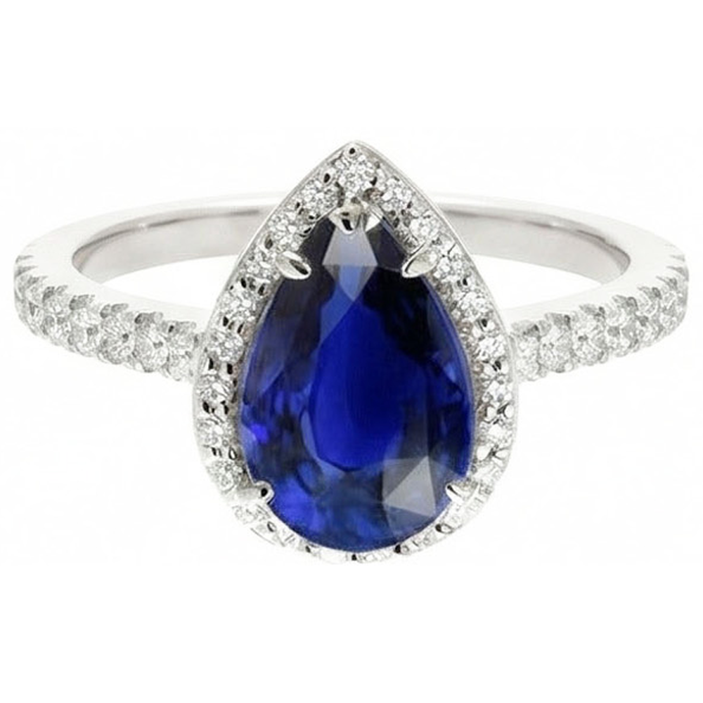 Halo Natural Earth Mined Diamond Ring Pear Cut Sri Lankan Sapphire 3.25 Carats