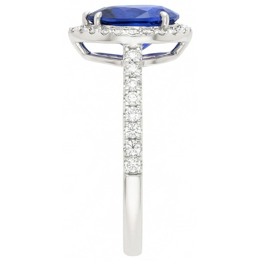 Halo Natural Earth Mined Diamond Ring Pear Cut Sri Lankan Sapphire 3.25 Carats