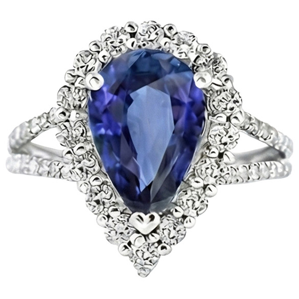 Halo Natural Earth Mined Diamond Ring Pear Sri Lankan Sapphire 5.50 Carats Split Shank