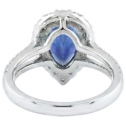 Halo Natural Earth Mined Diamond Ring Pear Sri Lankan Sapphire 5.50 Carats Split Shank