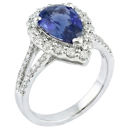 Halo Natural Earth Mined Diamond Ring Pear Sri Lankan Sapphire 5.50 Carats Split Shank