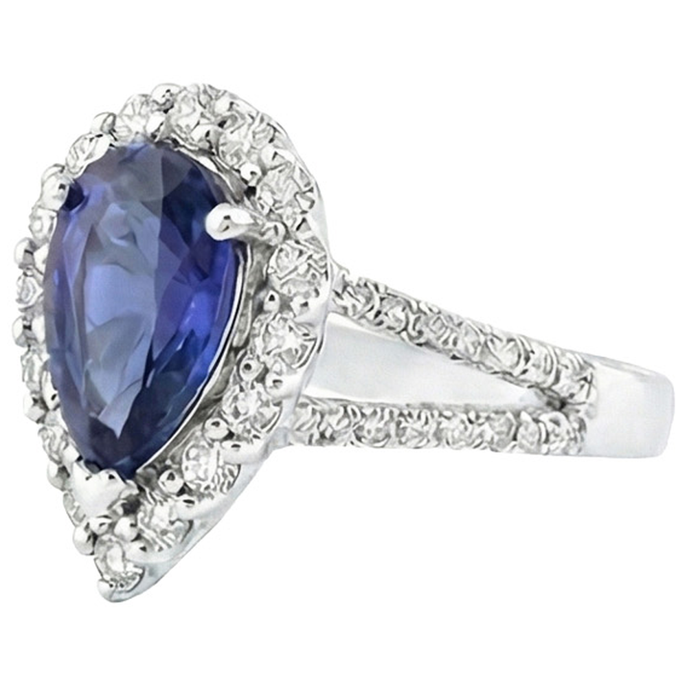 Halo Natural Earth Mined Diamond Ring Pear Sri Lankan Sapphire 5.50 Carats Split Shank