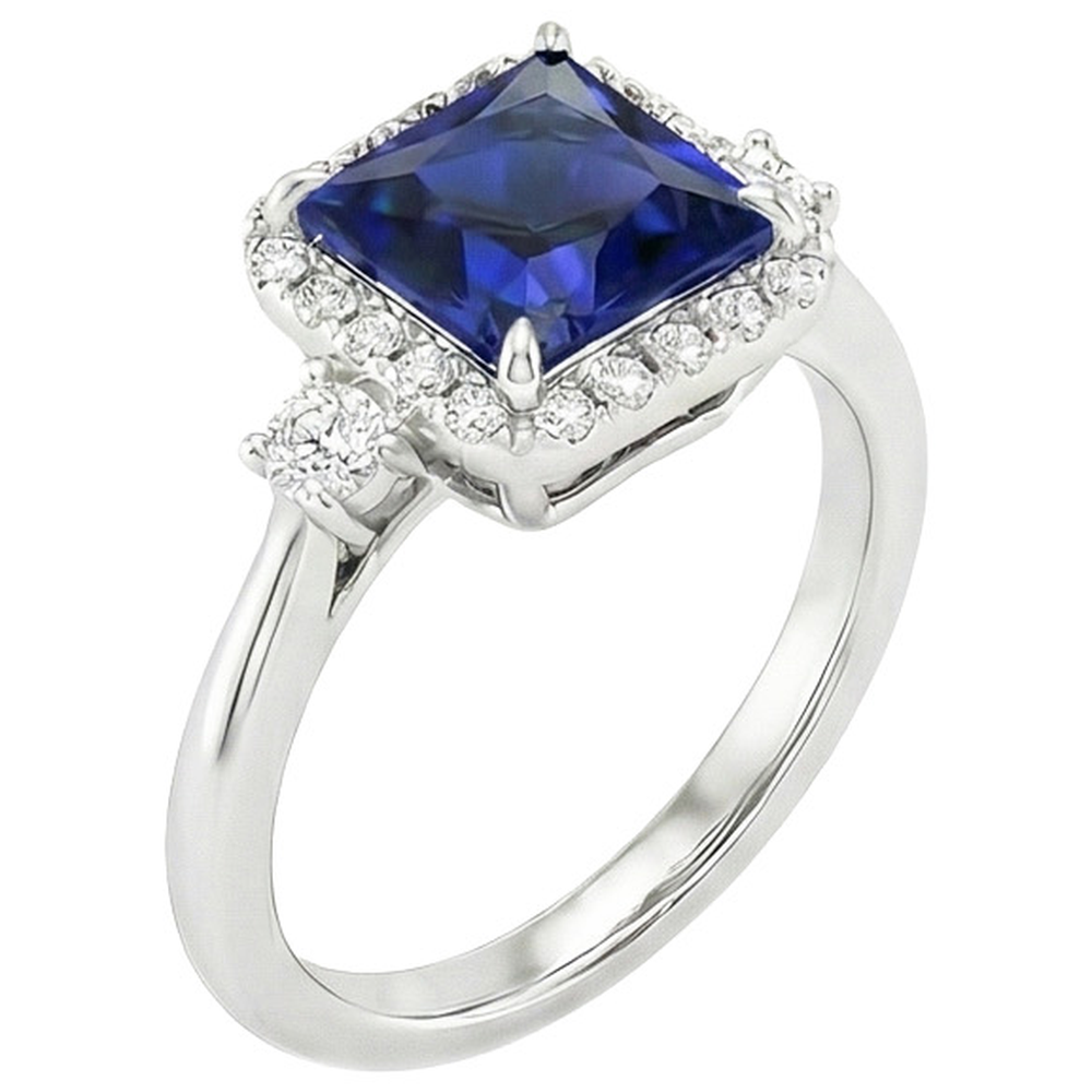 Halo Natural Earth Mined Diamond Ring Princess Blue Sapphire Center 6 Carats White Gold