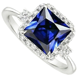 Halo Natural Earth Mined Diamond Ring Princess Blue Sapphire Center 6 Carats White Gold