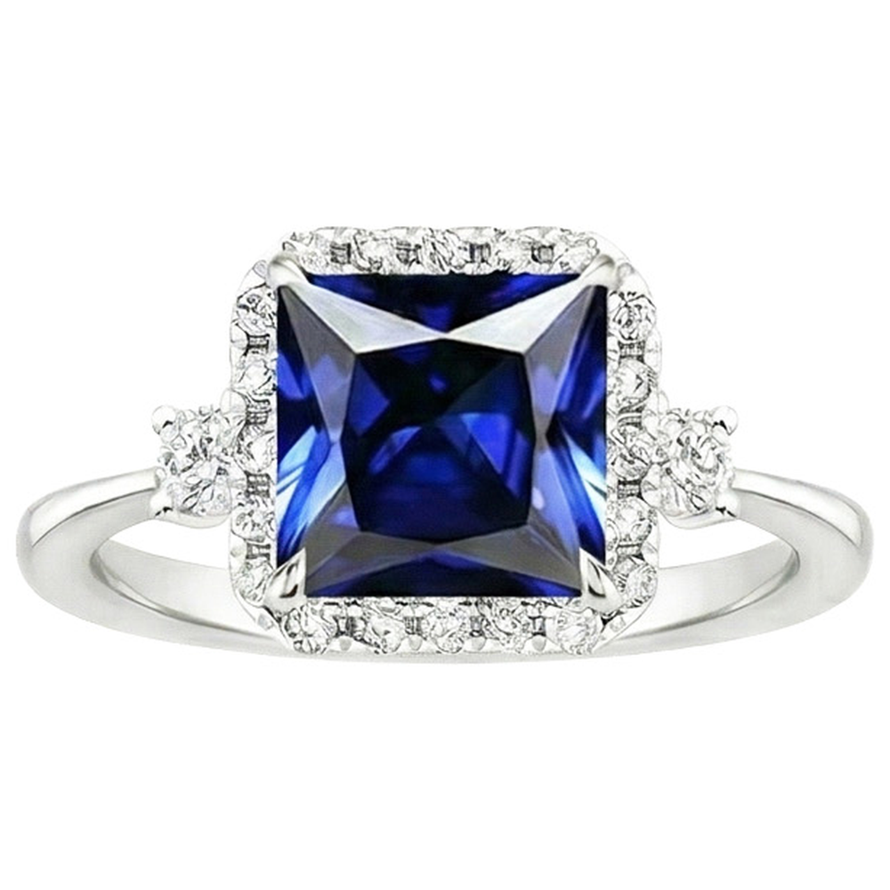 Halo Natural Earth Mined Diamond Ring Princess Blue Sapphire Center 6 Carats White Gold
