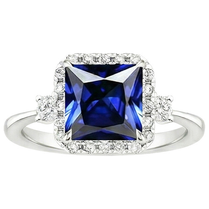 Halo Natural Earth Mined Diamond Ring Princess Blue Sapphire Center 6 Carats White Gold