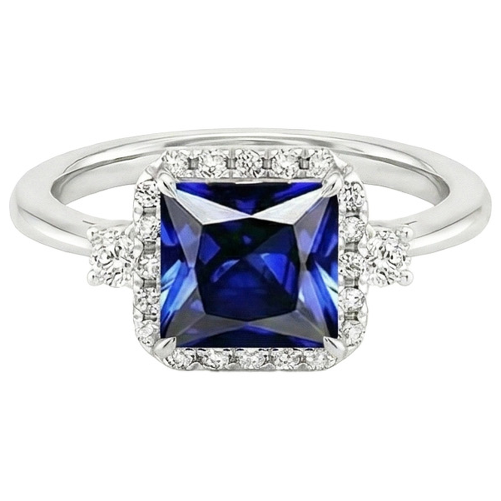 Halo Natural Earth Mined Diamond Ring Princess Blue Sapphire Center 6 Carats White Gold