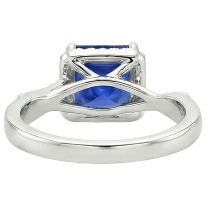 Halo Natural Earth Mined Diamond Ring Square Shape Ceylon Blue Sapphire Center 4 Carats
