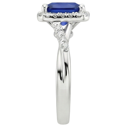 Halo Natural Earth Mined Diamond Ring Square Shape Ceylon Blue Sapphire Center 4 Carats