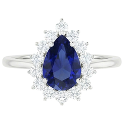 Halo Natural Earth Mined Diamond Ring Star Style Pear Sri Lankan Sapphire 2.25 Carats