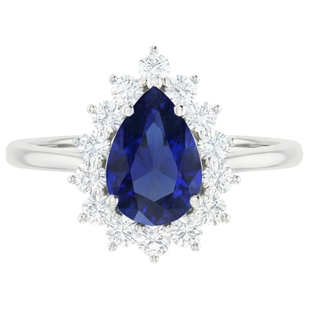 Halo Natural Earth Mined Diamond Ring Star Style Pear Sri Lankan Sapphire 2.25 Carats
