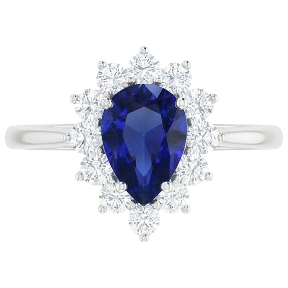 Halo Natural Earth Mined Diamond Ring Star Style Pear Sri Lankan Sapphire 2.25 Carats