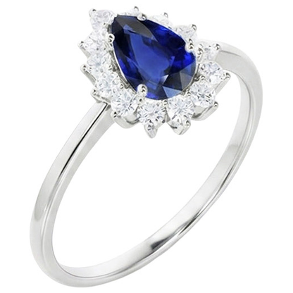 Halo Natural Earth Mined Diamond Ring Star Style Pear Sri Lankan Sapphire 2.25 Carats