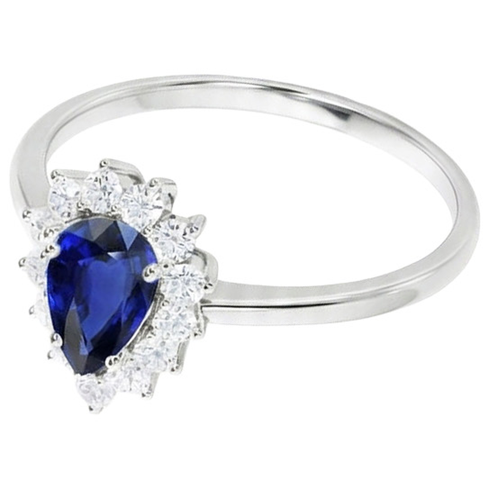 Halo Natural Earth Mined Diamond Ring Star Style Pear Sri Lankan Sapphire 2.25 Carats