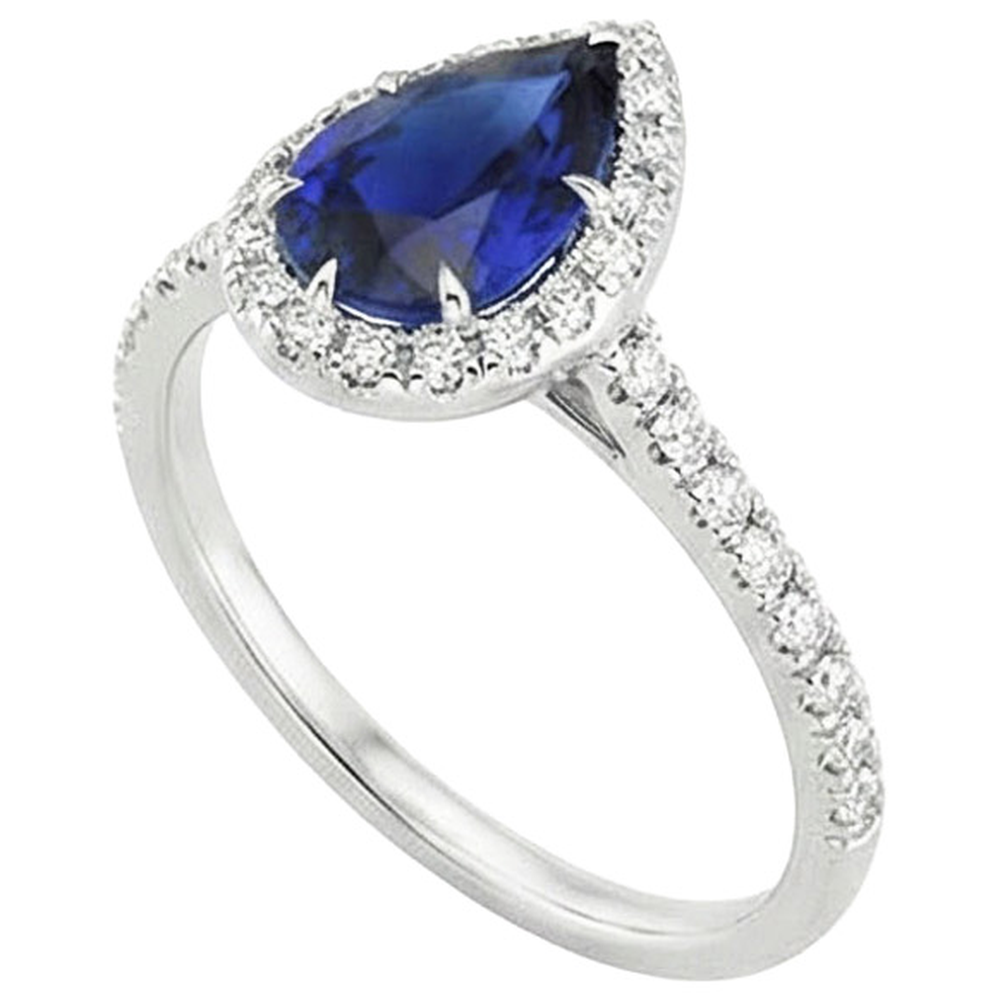 Halo Natural Earth Mined Diamond Ring Teardrop Style Blue Sapphire With Accents 5.50 Carat