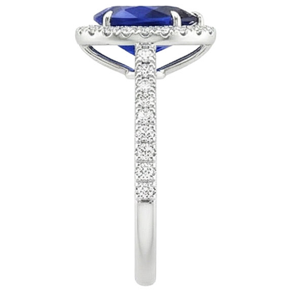 Halo Natural Earth Mined Diamond Ring Teardrop Style Blue Sapphire With Accents 5.50 Carat