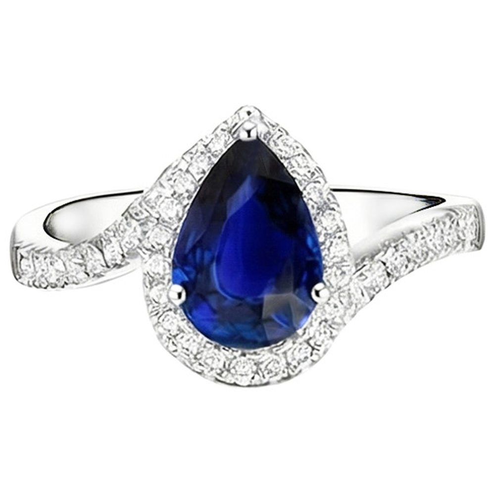 Halo Natural Earth Mined Diamond Ring Tension Style Pear Blue Sapphire 4 Carats