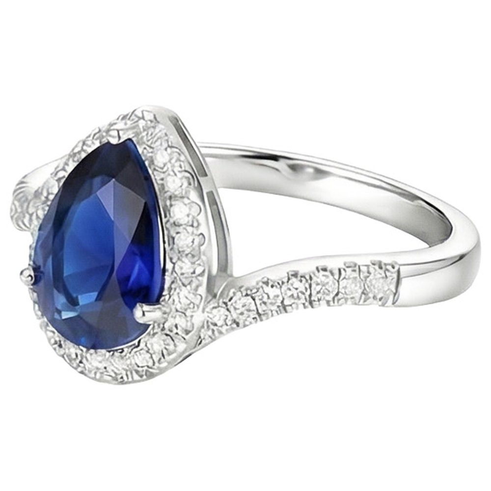 Halo Natural Earth Mined Diamond Ring Tension Style Pear Blue Sapphire 4 Carats