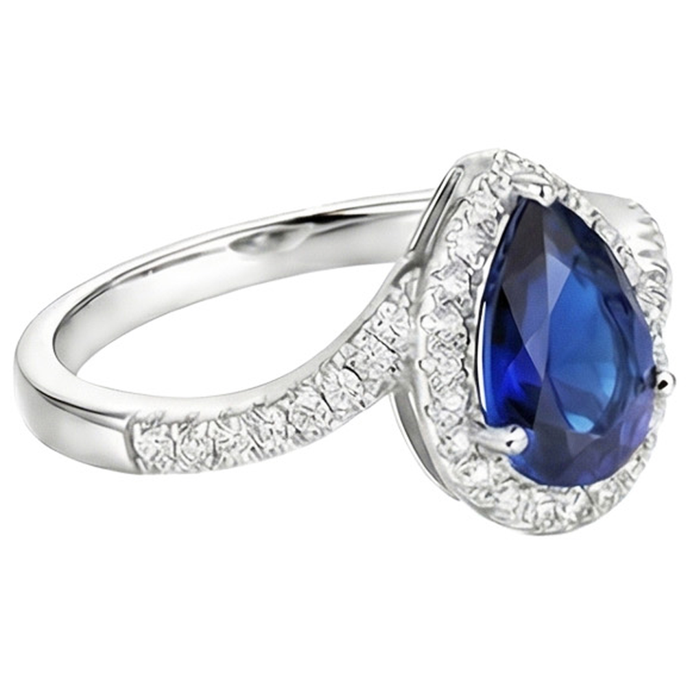 Halo Natural Earth Mined Diamond Ring Tension Style Pear Blue Sapphire 4 Carats