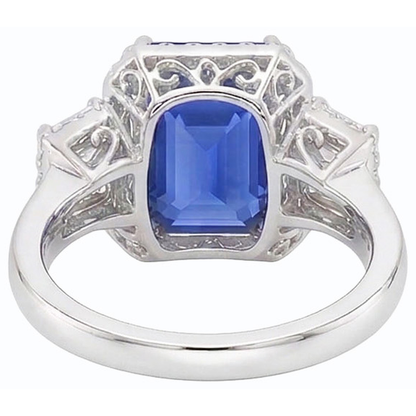 Halo Natural Earth Mined Diamond Ring Trapezoid & Round Accents 4 Carat Deep Blue Sapphire
