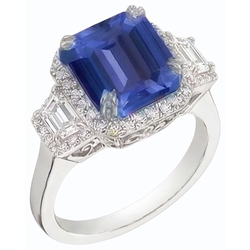 Halo Natural Earth Mined Diamond Ring Trapezoid & Round Accents 4 Carat Deep Blue Sapphire