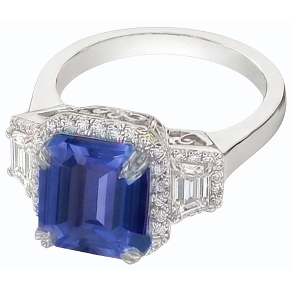 Halo Natural Earth Mined Diamond Ring Trapezoid & Round Accents 4 Carat Deep Blue Sapphire