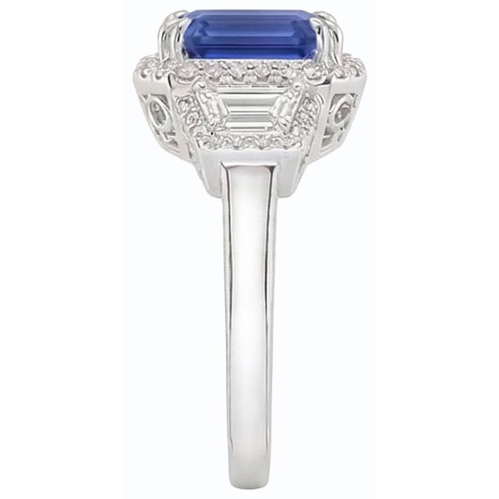Halo Natural Earth Mined Diamond Ring Trapezoid & Round Accents 4 Carat Deep Blue Sapphire