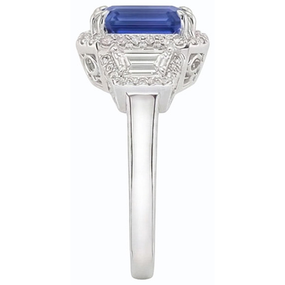 Halo Natural Earth Mined Diamond Ring Trapezoid & Round Accents 4 Carat Deep Blue Sapphire