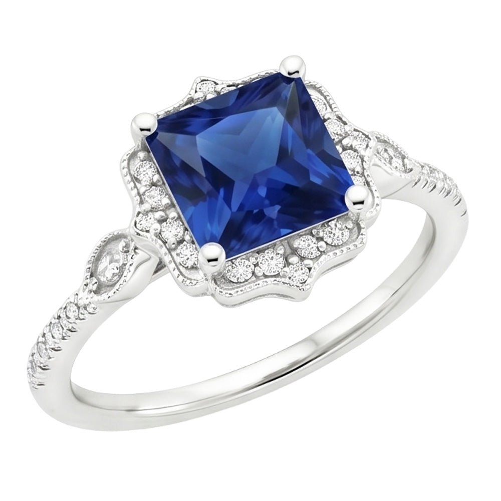 Halo Natural Earth Mined Diamond Ring Vintage Style Ceylon Sapphire Princess Cut 6 Carats