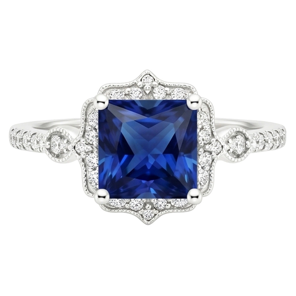 Halo Natural Earth Mined Diamond Ring Vintage Style Ceylon Sapphire Princess Cut 6 Carats