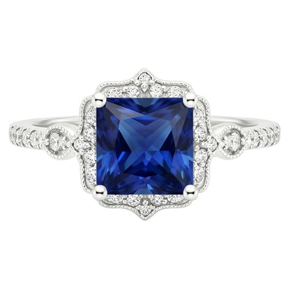 Halo Natural Earth Mined Diamond Ring Vintage Style Ceylon Sapphire Princess Cut 6 Carats