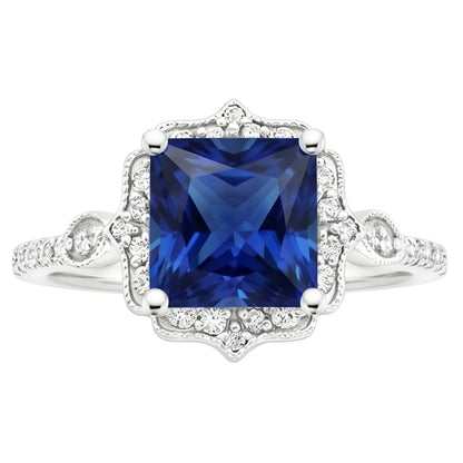 Halo Natural Earth Mined Diamond Ring Vintage Style Ceylon Sapphire Princess Cut 6 Carats