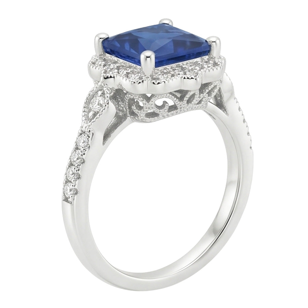 Halo Natural Earth Mined Diamond Ring Vintage Style Ceylon Sapphire Princess Cut 6 Carats