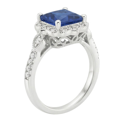 Halo Natural Earth Mined Diamond Ring Vintage Style Ceylon Sapphire Princess Cut 6 Carats