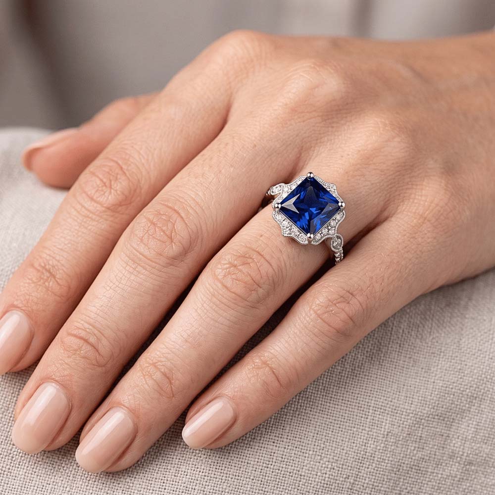 Halo Natural Earth Mined Diamond Ring Vintage Style Ceylon Sapphire Princess Cut 6 Carats
