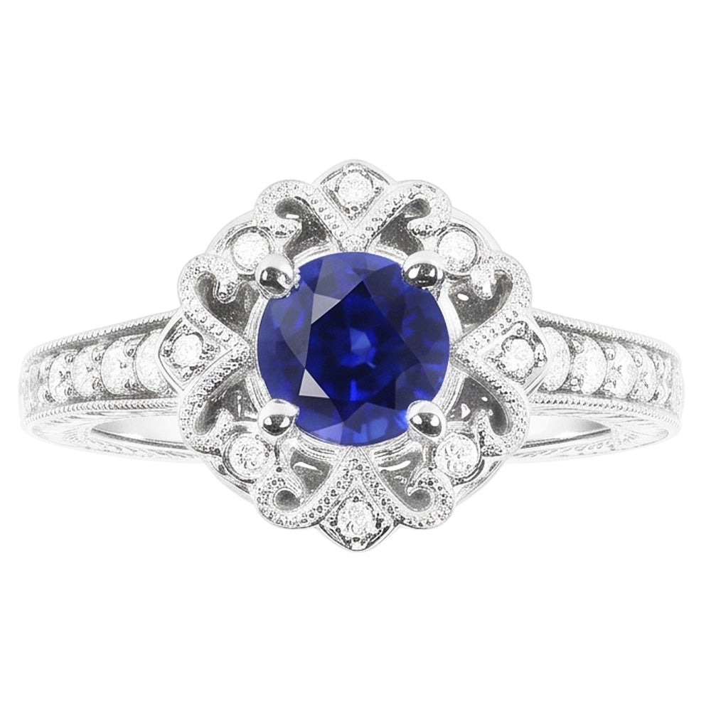 Halo Natural Earth Mined Diamond Ring Vintage Style Sapphire 3 Carat Filigree Flower Style