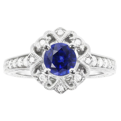 Halo Natural Earth Mined Diamond Ring Vintage Style Sapphire 3 Carat Filigree Flower Style