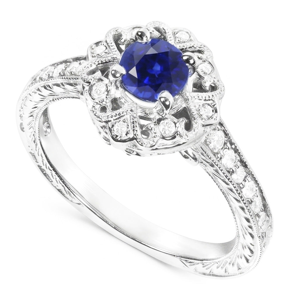 Halo Natural Earth Mined Diamond Ring Vintage Style Sapphire 3 Carat Filigree Flower Style