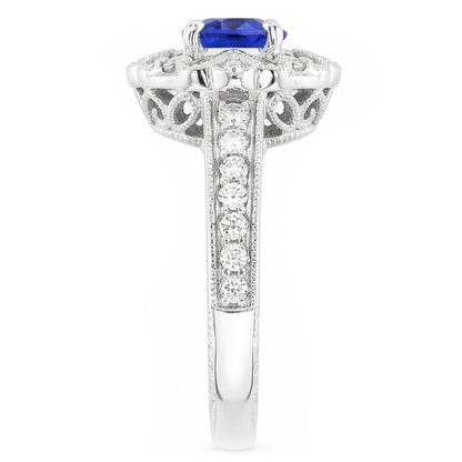 Halo Natural Earth Mined Diamond Ring Vintage Style Sapphire 3 Carat Filigree Flower Style